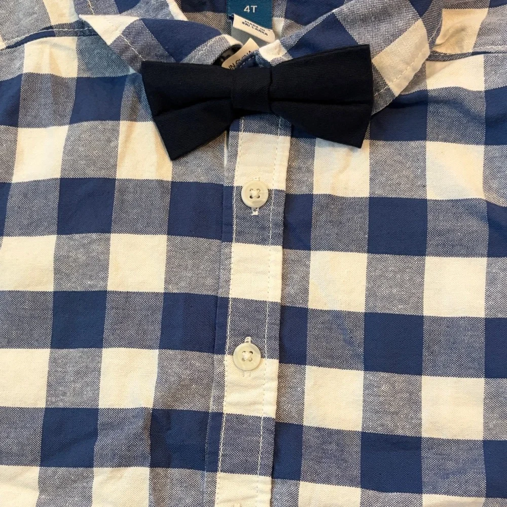 Old Navy Kids Blue and White Plaid Shirt with Bow Tie